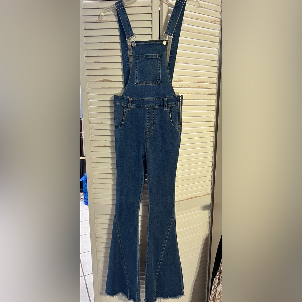 Vici Dark Blue Denim Flared Overalls in Small - Picture 2 of 12